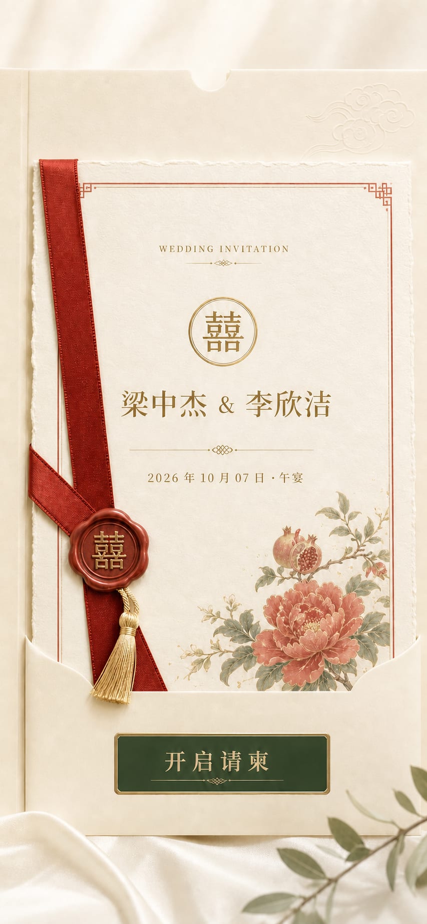 梁中杰与李欣洁的象牙白红绸婚礼请柬封面